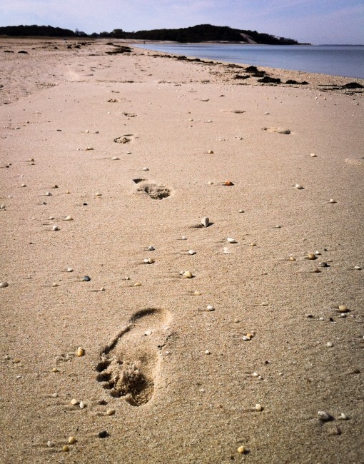 Footprint after barefoot running on the beach in Long Island